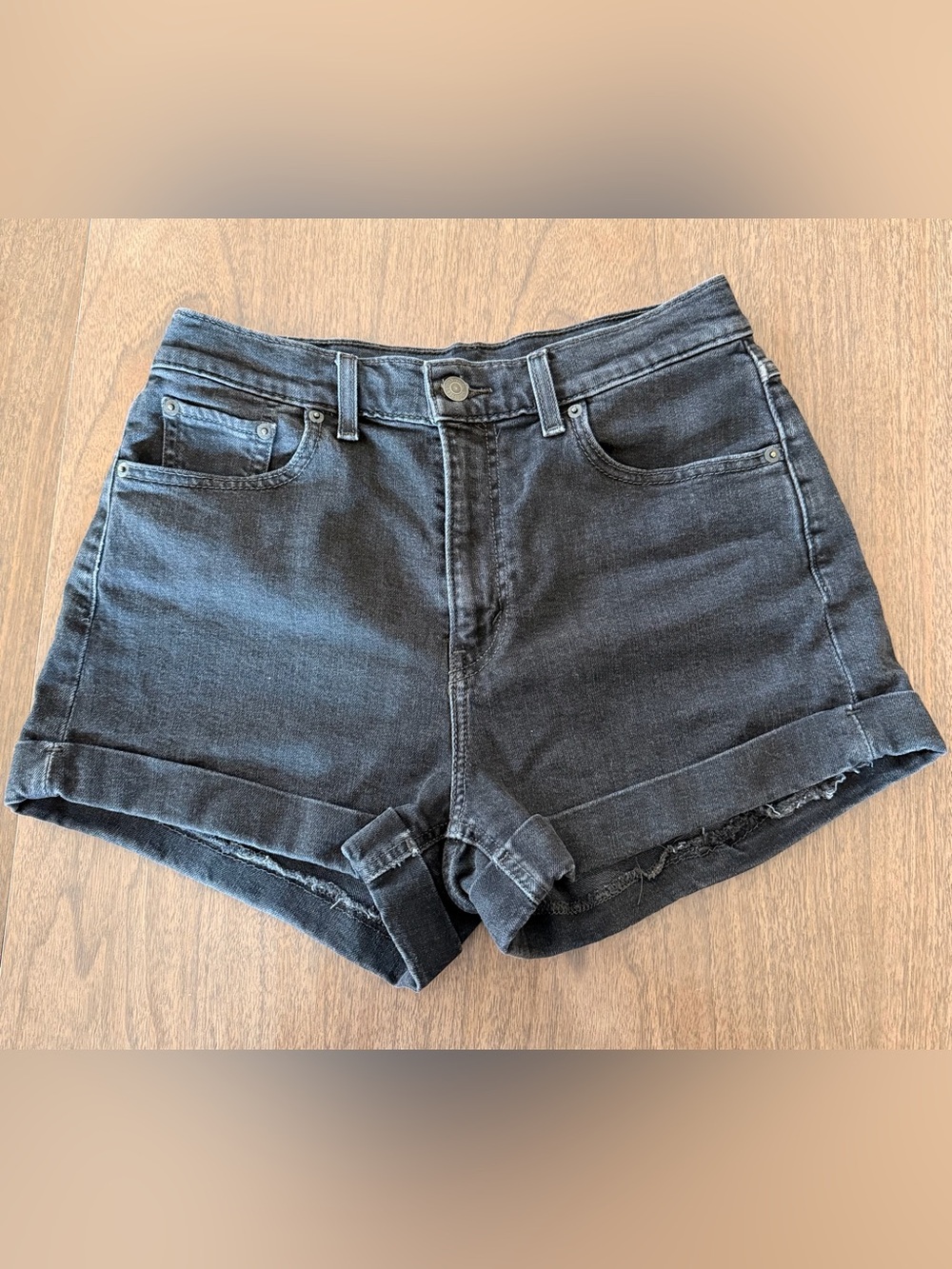 Levi's Premium Washed Black High Waist Rolled Hem Denim Shorts Stretch 28